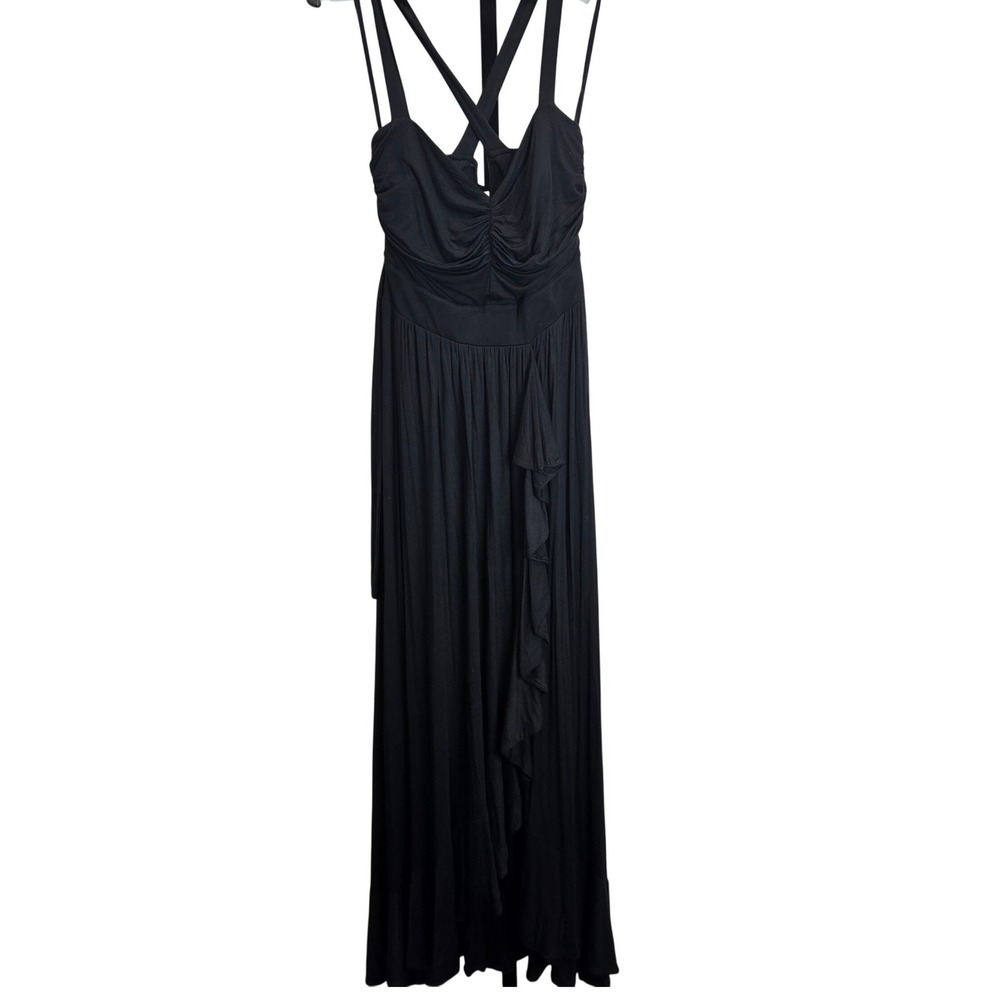 Maeve Anthropologie Black Ruched Jersey Knit Maxi Dress Ruffle Strappy Back M